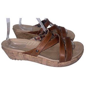 CROCS A-Leigh Cork mini wedge sandal 9 brown leather slip on boho summer beach